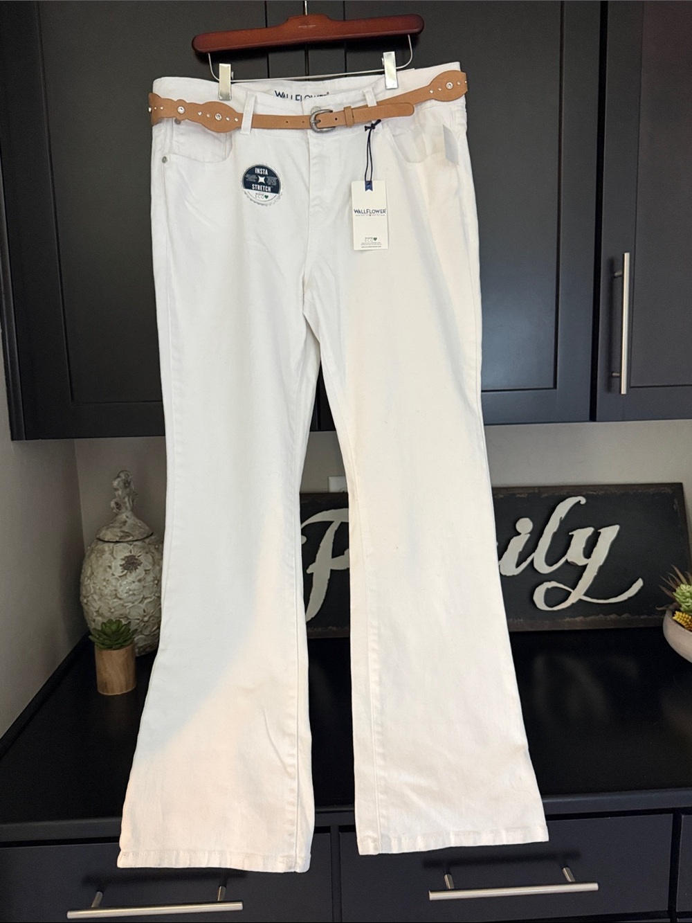 Wallflower White Flared Pants with stretch and Tan Belt